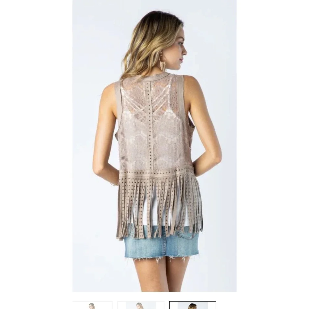 Vocal Boho Lace Fringe‎ Studded Vest Tan Neutral Layering Piece Medium